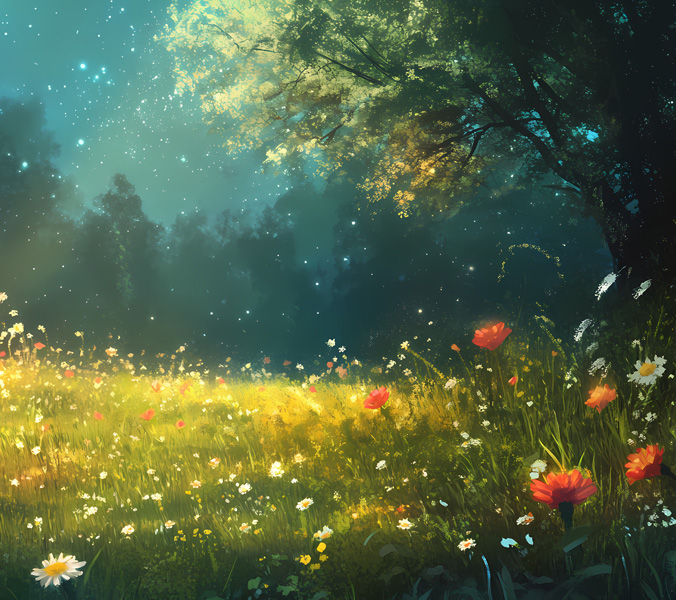 Visuel fantastique d'une forêt illuminée et d'un champ remplie de fleurs école de la Terre Verte