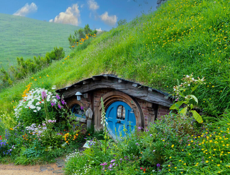 Visuel montrant une habitation de hobbit maison troglodyte dans les collines de la Dombes avec porte bleue