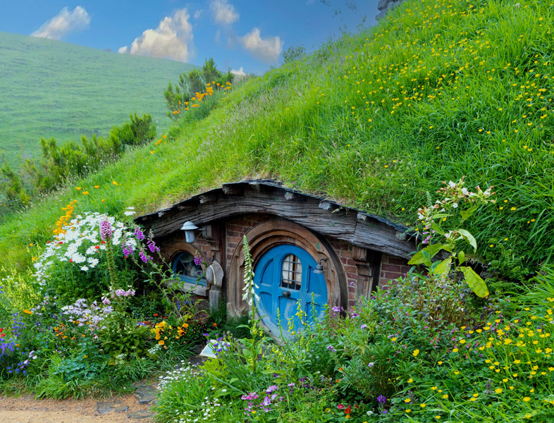 Visuel montrant une habitation de hobbit maison troglodyte dans les collines de la Dombes avec porte bleue