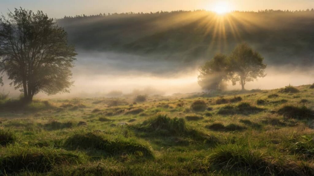 Prairie vallonée embrumée mystique au lever du soleil rappelant les terres de Terre de Rêves dans l'Ain